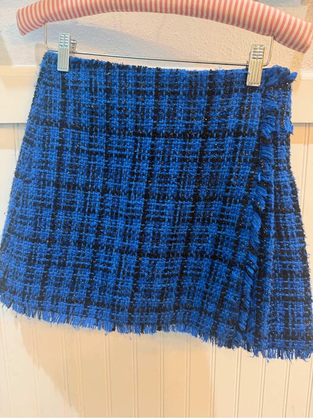 Alice + Olivia Blue and Black Tweed Fringe Mini Skirt
